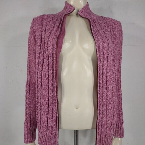 L.L. Bean pink full zip 100% Cotton cable knit fisherman's caridgan women Medium - Picture 3 of 8